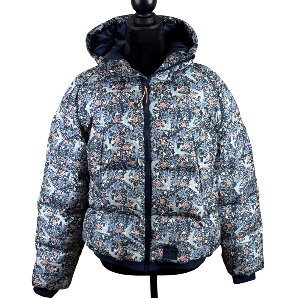 Kari Traa Womens Down Puffer Jacket Navy Floral Bird Print Hooded Puffy Coat L